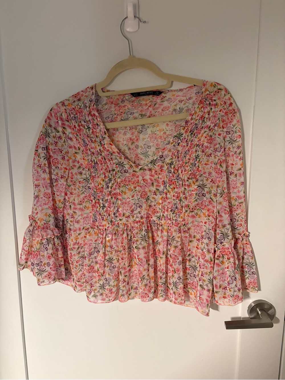 Zara Floral Smocked Peasant Blouse - Pink
